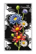 three postage stamps with flowers cornflower, chamomile, lily with the names Yesenia, Egor, Pavel tattoo design idea