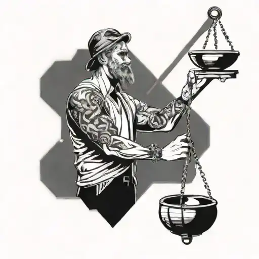 A tattoo design of a person standing upright, gracefully holding scales in both hands, symbolizing balance.  tattoo design idea