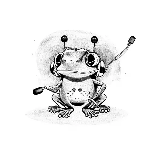 a cute dj frog playing disco and wearing a headphone tattoo design idea