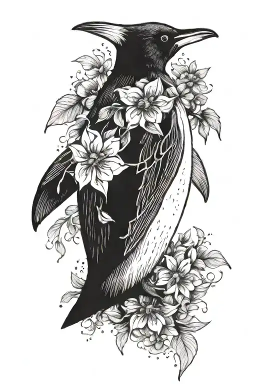 a penguin with its wings backwards, its head facing upwards and flowers and leaves hiding the body's pack tattoo design idea