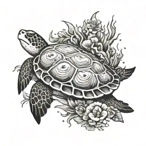 turtle, shark background black and white, coral reefs tattoo design idea