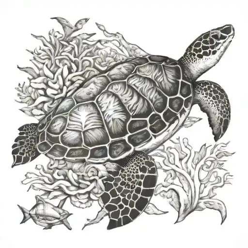 turtle, shark background black and white, coral, Sun wather  tattoo design idea