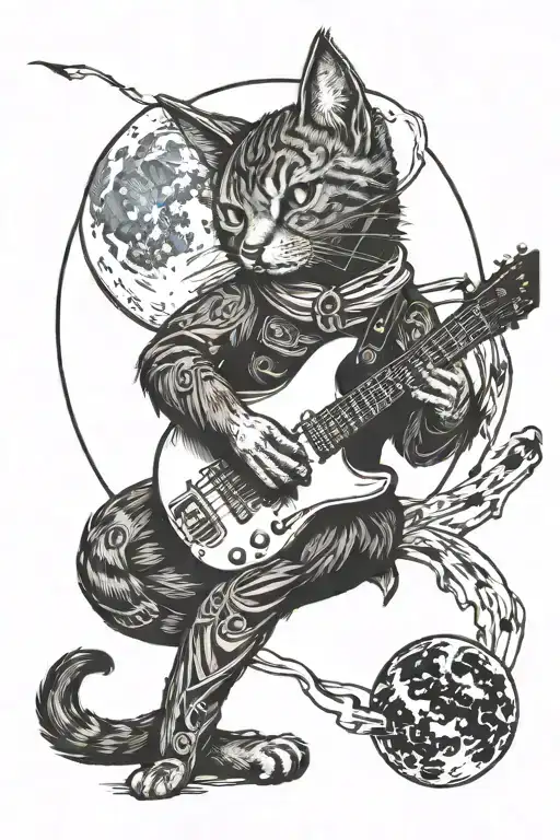 cat with bat wings with the moon and an electric guitar tattoo design idea
