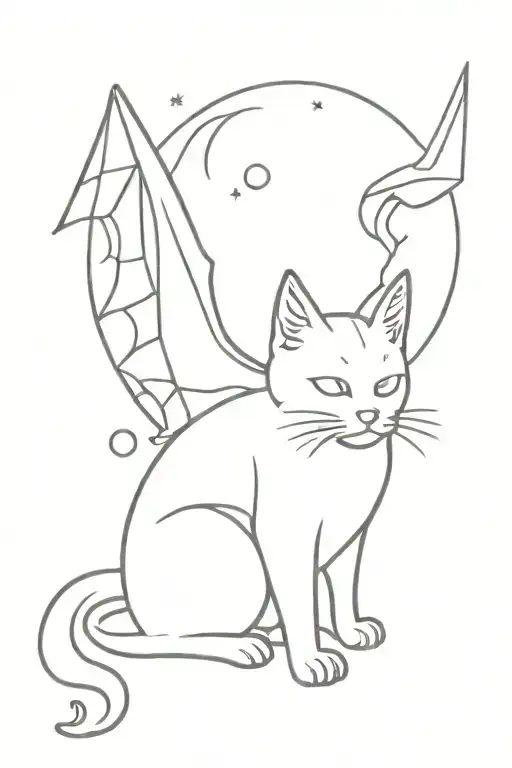 cat with bat wings with the moon tattoo design idea