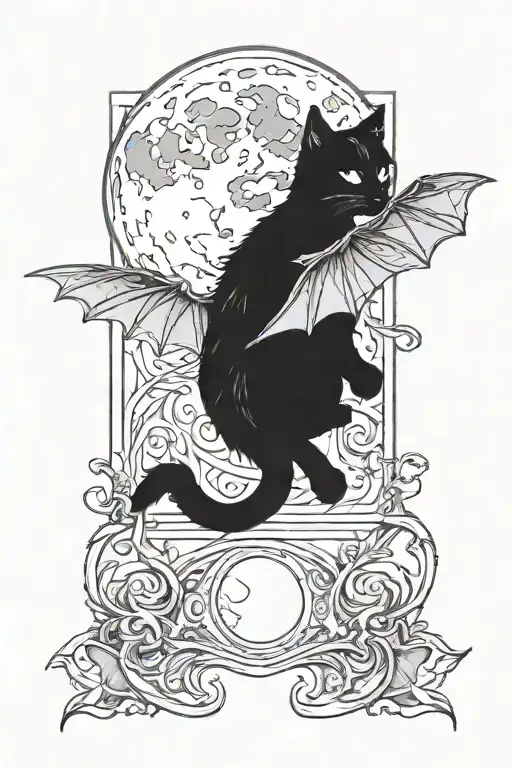 cat with bat wings with the moon tattoo design idea
