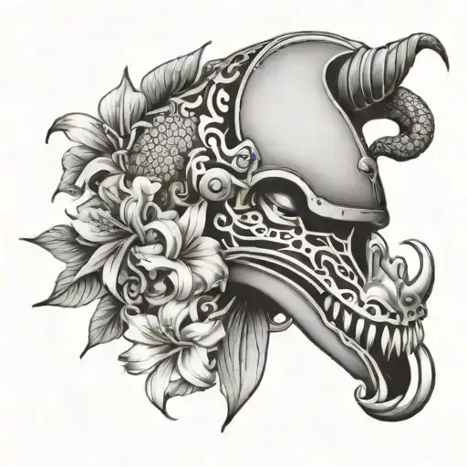 petunias, peonies, a fire chief helmet, a wrench, a scroll, a hammer, a camera, tiger Lilly around a dragon tattoo design idea