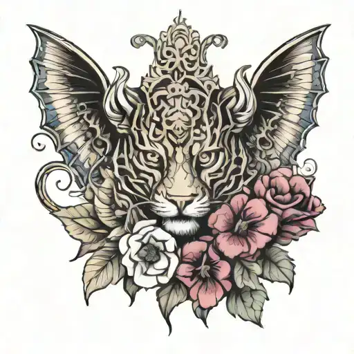 petunias, peonies, a fire chief helmet, a wrench, a scroll, a hammer, a camera, tiger Lilly around a dragon tattoo design idea