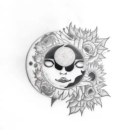 A sketch style tattoo of a sun and moon embracing each other, with sunflowers and roses scattered around them like a garden tattoo design idea