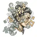 a person breaking like a puzzle from thinking so much tattoo design idea