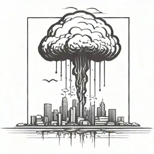 an abstract nuclear explosion mushroom cloud destroying a major city in an abstract black line frame tattoo design idea