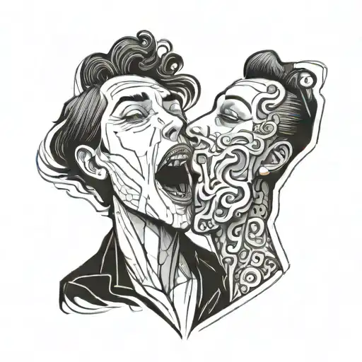 a man and a woman trying to kiss but there is meat in their mouths blocking the kiss tattoo design idea