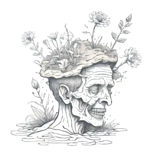 a head poking out of the soil of a muddy grave with soil on top of the head and flowers growing out of the top tattoo design idea