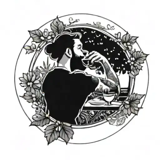 a person drinking sangria in a park in a circular frame with a black background tattoo design idea