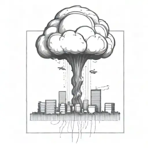 an abstract nuclear explosion mushroom cloud destroying a major city in an abstract black line frame tattoo design idea