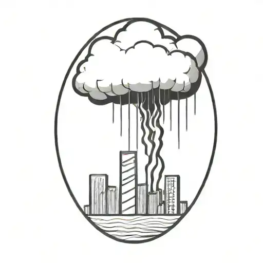 an abstract nuclear explosion mushroom cloud destroying a city in an abstract black line frame tattoo design idea