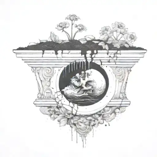 a head poking out of a grave, being covered in soil from above, with flowers growing out of the top, circular design tattoo design idea