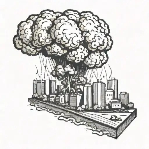 a nuclear explosion mushroom cloud destroying a city in a rectangular picture frame hanging on a wall tattoo design idea