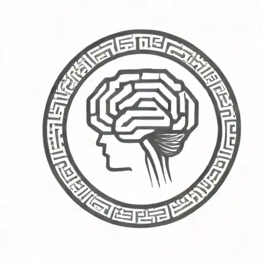 a brain inside a simple thick black line circular frame with geometric patterns shooting from it tattoo design idea