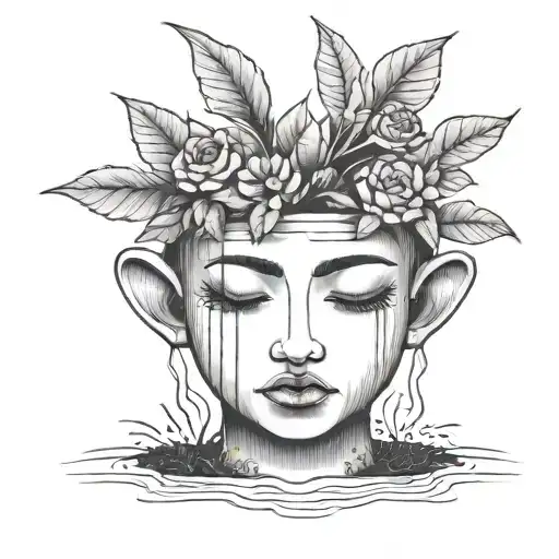 head poking out of a plant pot with soil on top of the head and flowers growing out of it. using thick black lines. tattoo design idea