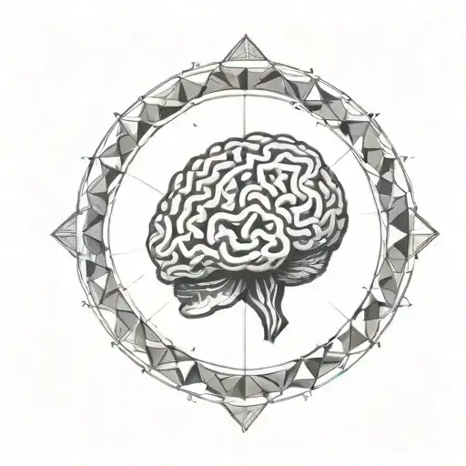 a brain inside a circular frame with geometric patterns shooting from it tattoo design idea