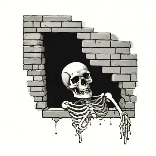 a skeleton hiding and stuck in a brick wall tattoo design idea