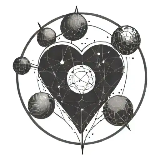 a satellite shaped like a love heart in space enshrouded by a circle tattoo design idea