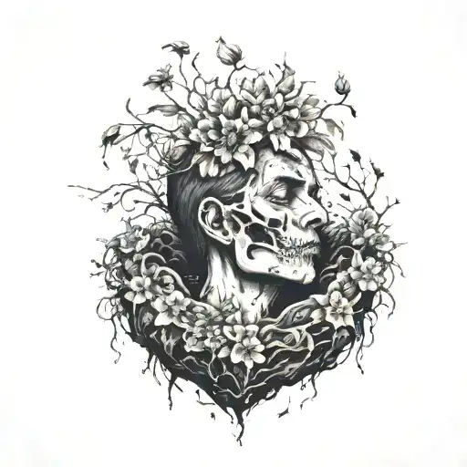 a head poking out of a grave, being covered in soil from above, with flowers growing out of the top tattoo design idea