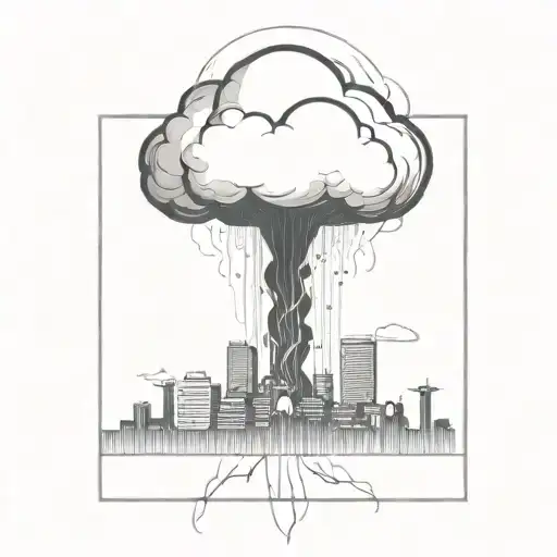 an abstract nuclear explosion mushroom cloud destroying a major city in an abstract black line frame tattoo design idea