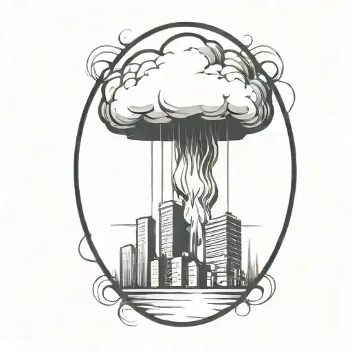 an abstract nuclear explosion mushroom cloud destroying a city in an abstract black line frame tattoo design idea