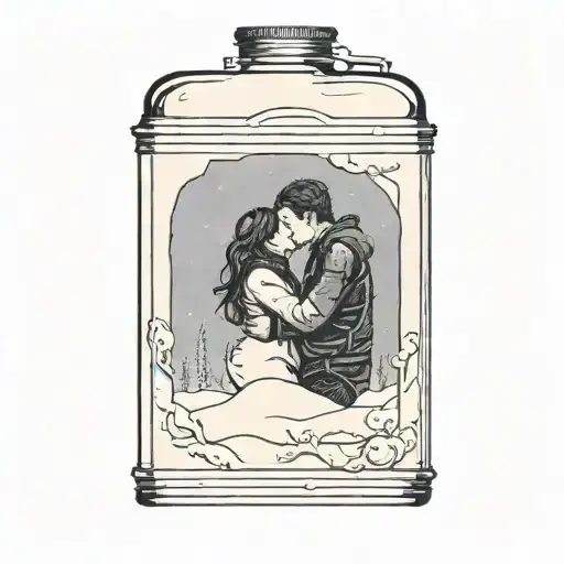 a thermos flask surrounded by deep snow with an image of a couple kissing on it tattoo design idea