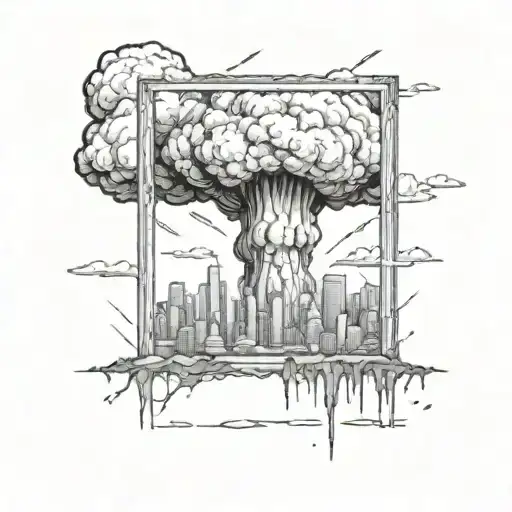a nuclear explosion mushroom cloud destroying a city in a rectangular picture frame hanging on a wall tattoo design idea