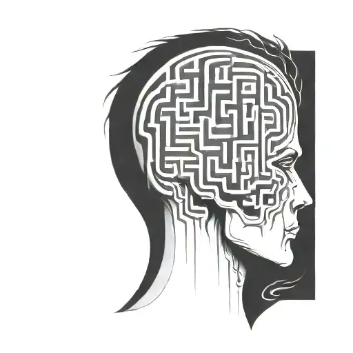 a human head resting on a pillow with the brain depicted as an abstract geometric maze tattoo design idea