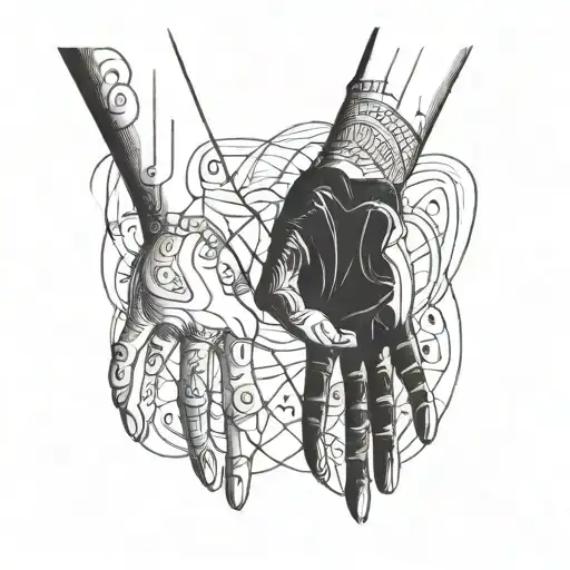 a blackwork tattoo design of two human forms standing opposite each other touching hands. one of them is light, one of t tattoo design idea