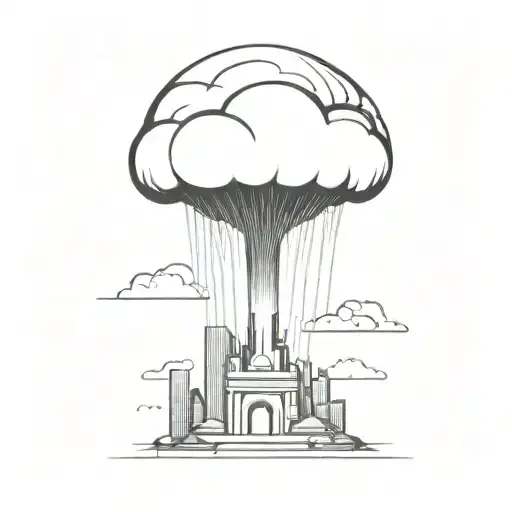 an abstract nuclear explosion mushroom cloud destorying a major city in an abstract black line frame tattoo design idea