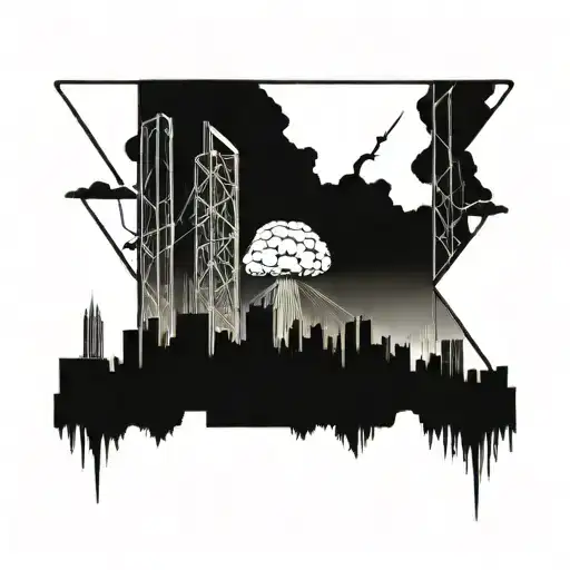 a nuclear explosion mushroom cloud destroying a city in a rectangular picture frame hanging on a wall tattoo design idea