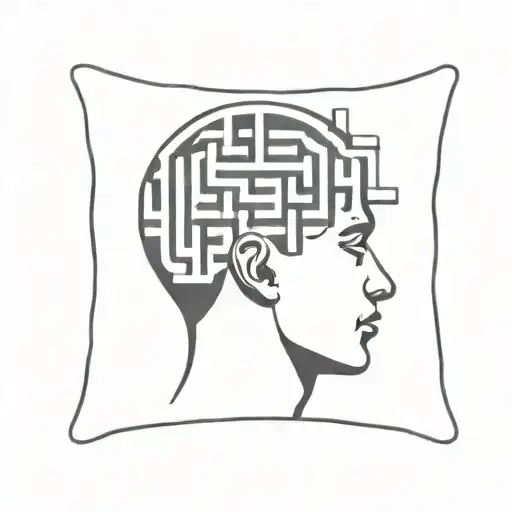 a human head laying back on a pillow with geometric shapes like a maze coming out of the top of his head tattoo design idea