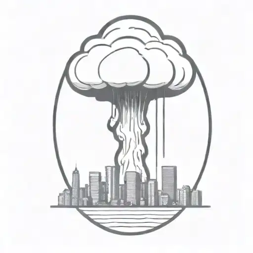 an abstract nuclear explosion mushroom cloud destroying a city in an abstract black line frame tattoo design idea