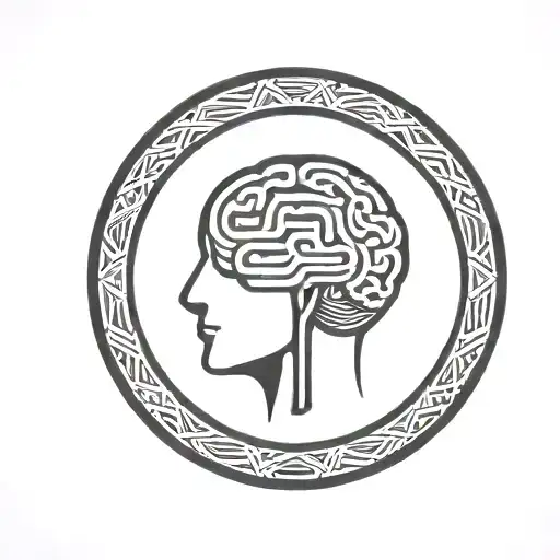 a brain inside a simple thick black line circular frame with geometric patterns shooting from it tattoo design idea