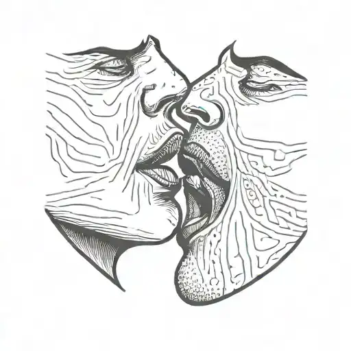 a man and a woman kissing with a meat steak visible between their mouths tattoo design idea
