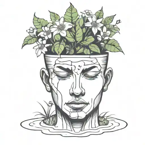 head poking out of a plant pot with soil on top of the head and flowers growing out of it. using thick black lines. tattoo design idea