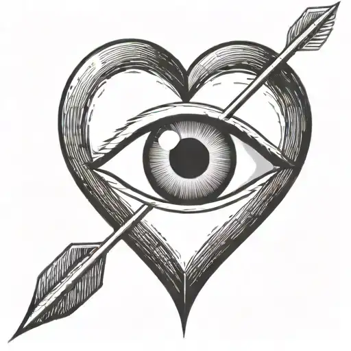 an eyeball with an arrow shooting through it encapsulated in a heart shape black and white tattoo design idea