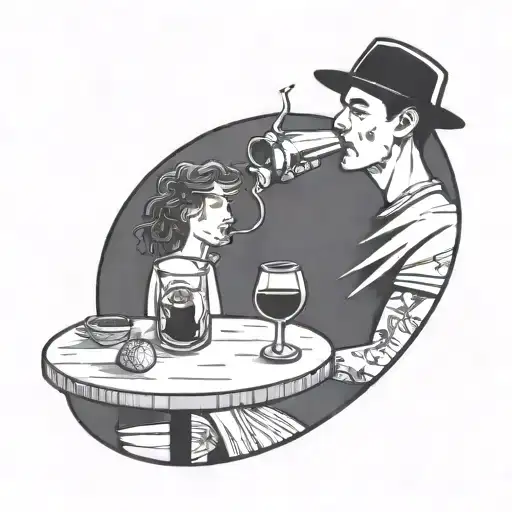 a very simple line illustration of a close up person drinking sangria in a park within a perfect circle tattoo design idea