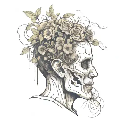 a head poking out of the soil of a muddy grave with soil on top of the head and flowers growing out of the top tattoo design idea