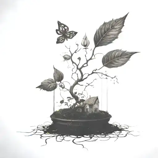 a seed growing out of the ground into a plant. but the plant is slowly becoming a house tattoo design idea
