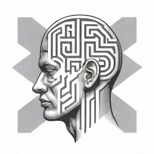 a human head with a view of the brain depicted as a maze, abstract tattoo design idea