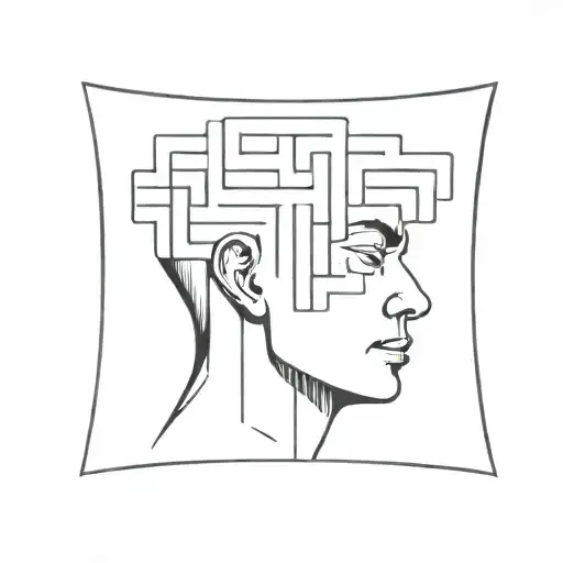 a human head laying back on a pillow with geometric shapes like a maze coming out of the top of his head tattoo design idea