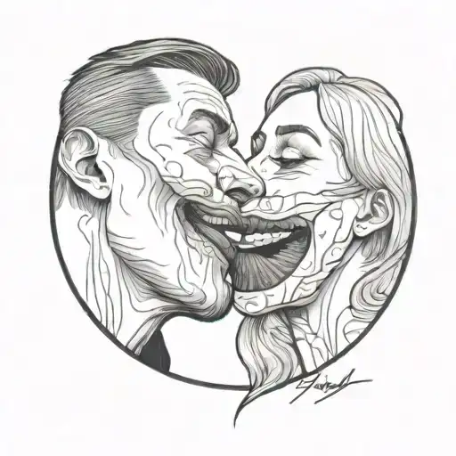a man and a woman kissing with a meat steak visible between their mouths tattoo design idea