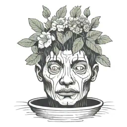 head poking out of a plant pot with soil on top of the head and flowers growing out of it. using thick black lines. tattoo design idea