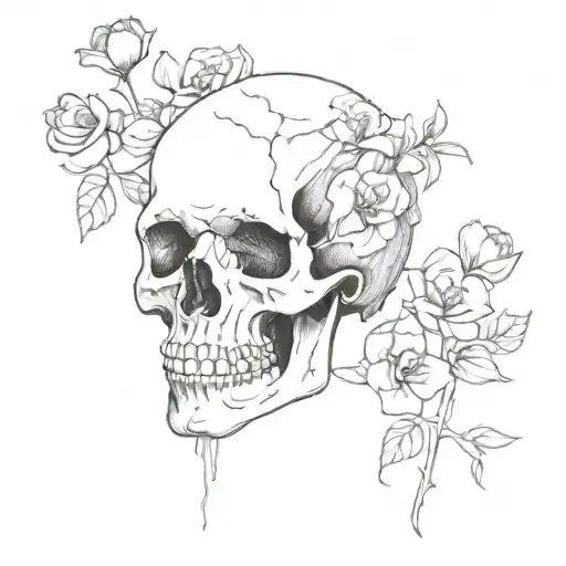 a blank skull face with soil on the head and flowers growing out of the soil tattoo design idea
