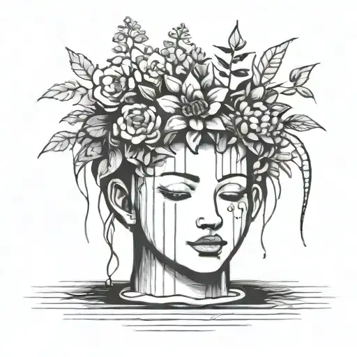 head poking out of a plant pot with soil on top of the head and flowers growing out of it. using thick black lines. tattoo design idea